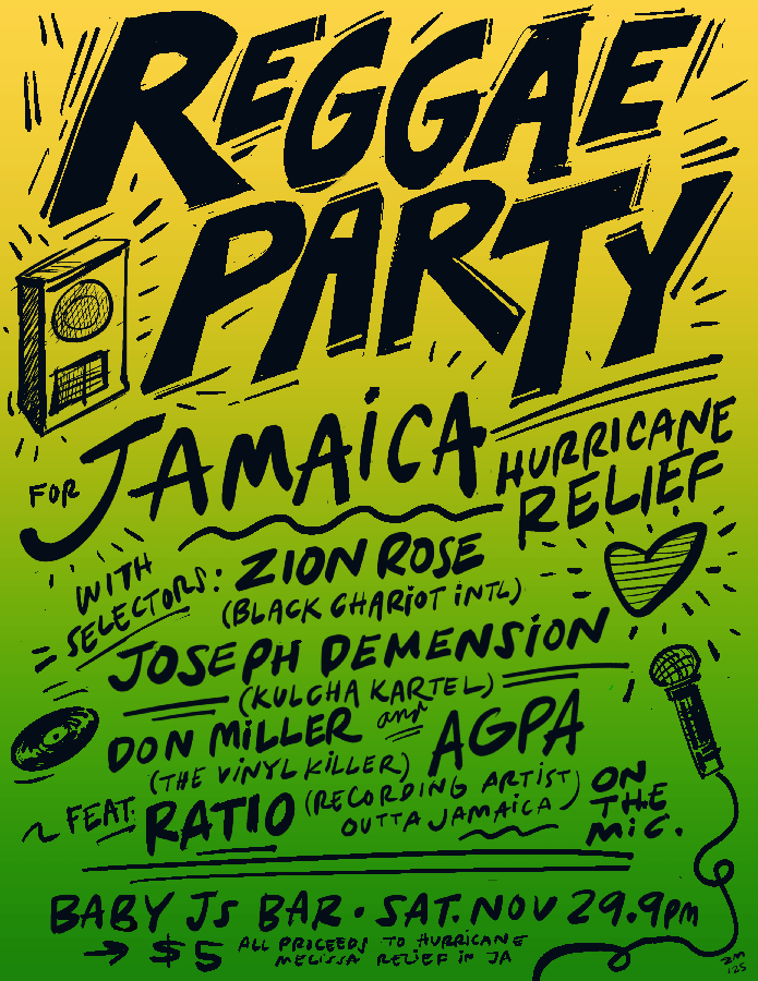 green and yellow flyer for a benefit dj event