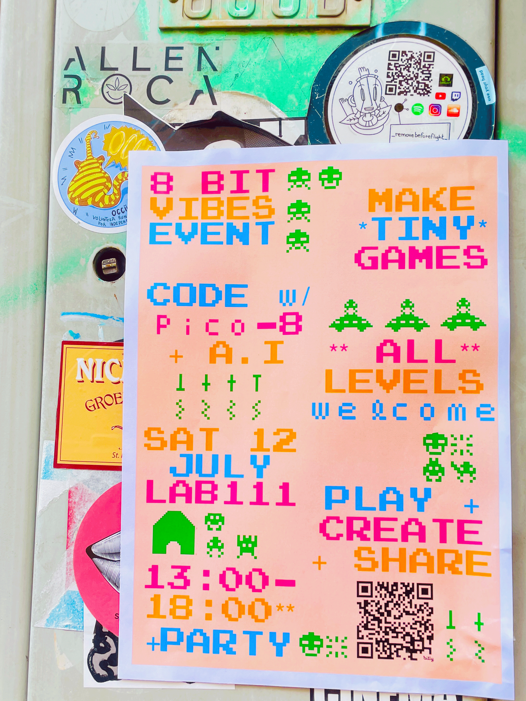 8bit pixel art flyer posted on a wall covered with cool stickers
