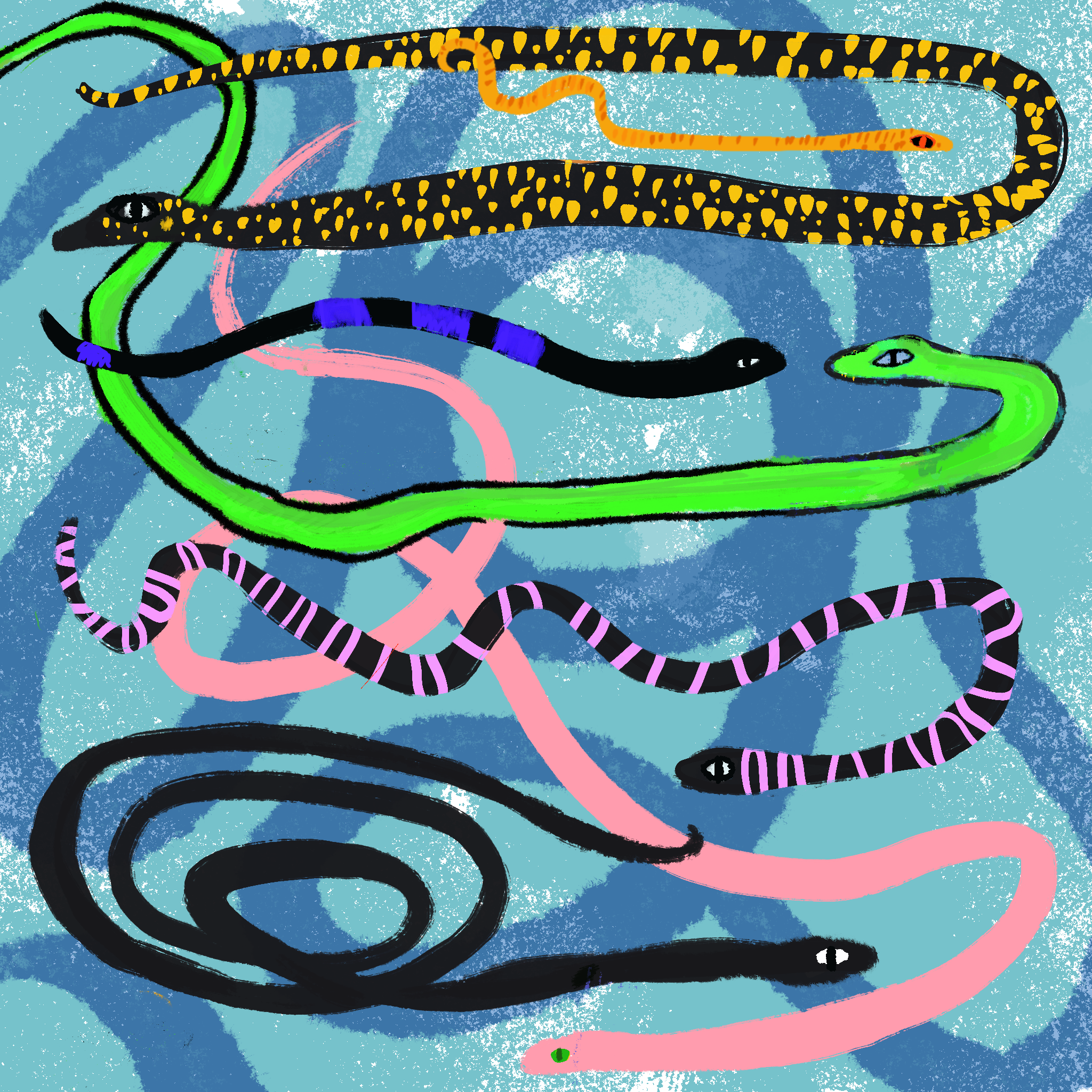 a colorful party of snakes
