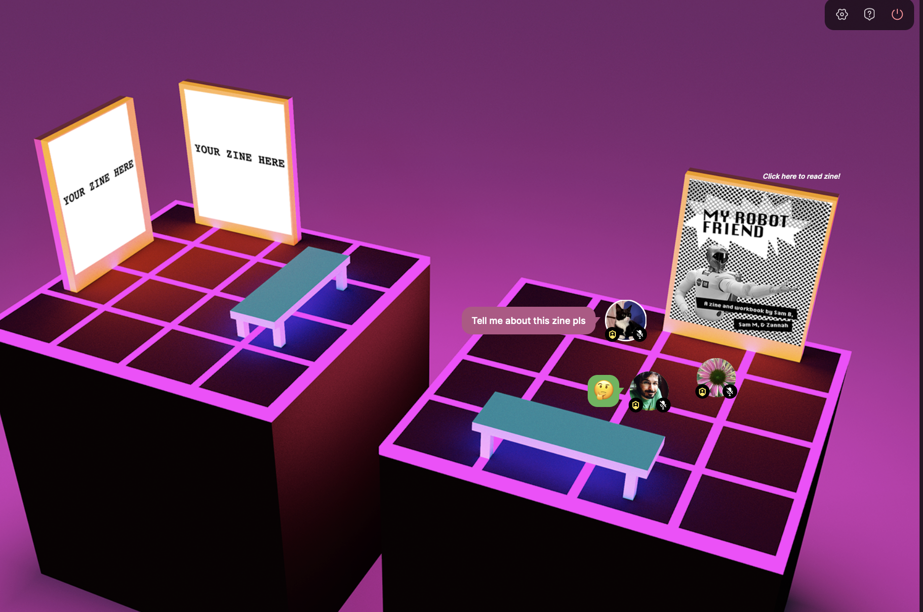 a colorful virtual space featuring palm trees and pyramids, and a zine gallery